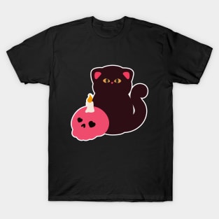 Black Cat with Pink Skull T-Shirt